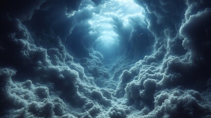 Fototapeta premium a breathtaking view of dark, swirling clouds creating a tunnel effect, with a ray of light shining through the center