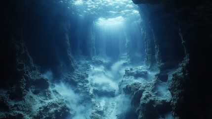 Fototapeta premium sunlight streaming through a cave in the ocean, creating a magical underwater scene. The water is a beautiful blue, and the rocks create interesting shapes