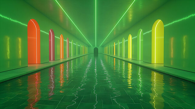 Green Neon Tunnel Reflective Pool, Vibrant Modern Architecture for Interior Design