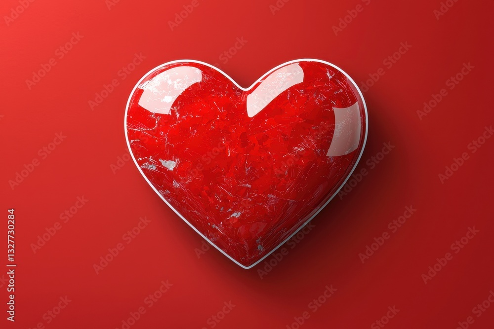 Poster abstract geometric red heart shape with white outline on vivid red background