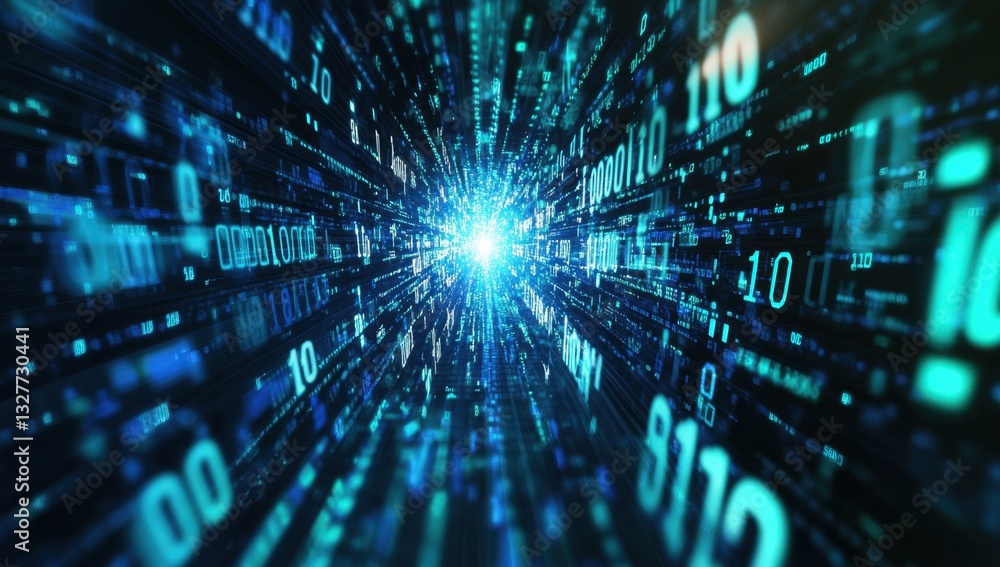 Poster digital background featuring blue and green numbers, binary code, and a data stream in motion on a d