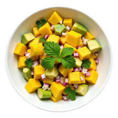Overhead shot of a vibrant and colorful fruit salad with diced mango, avocado, and red onion in a white bowl. Garnish with fresh herbs.