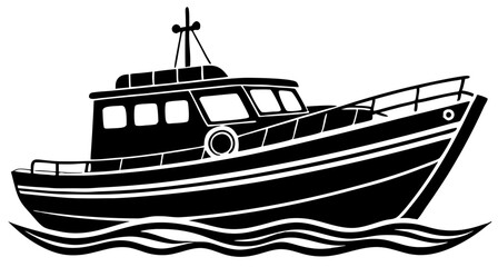 boat black silhouette vector, Simple silhouette Design vector icon with white background. Water transportation vector illustration 