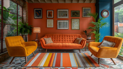 Mid Century Sofa Orange Living Room, Retro Style Decor with Rug and Chairs