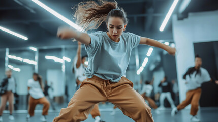Fototapeta premium Young female dancer moves with power and precision in a hip-hop dance studio, surrounded by a dynamic group of performers Image made using Generative AI