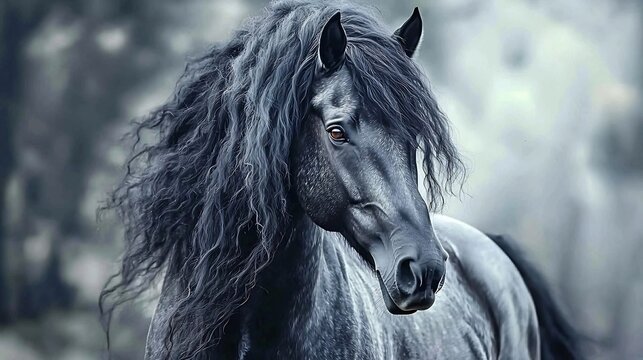 Close up of wild horse with flowing mane deep brown eyes and a rugged expression A blurred prairie background adds depth capturing the essence of freedom