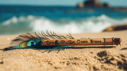 Ocean breeze bamboo wind chime rests on beach sand with peacock feather