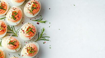   Deviled eggs on a white plate, adorned with green garnish