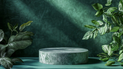 A natural green-themed background featuring a stone podium, perfect for presenting cosmetic products with an organic and earthy aesthetic. Front view