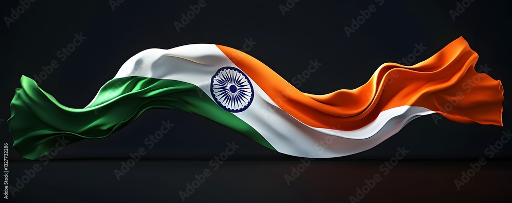 Poster a sleek and modern interpretation of the indian flag on a flowing ribbon, presented against a balanc