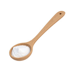 Close-up of a wooden spoon filled with baking soda against a black background.