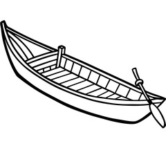 black and white fishing boat line art drawing, isolated on white background