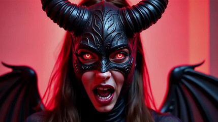 A fantasy themed character with glowing red eyes, ornate horns, and bat like wings appears in motion against a vivid red background, expressing power.