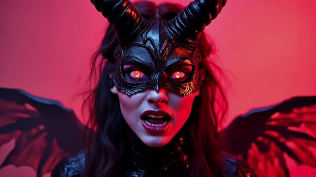 A fantasy character with glowing red eyes, a black horned mask, and bat like wings moves against a vivid red background in a dramatic scene.