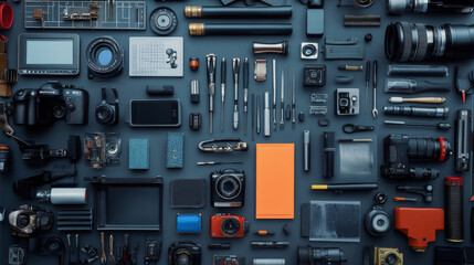 Fototapeta premium A neatly arranged table setup from a product photography workshop, capturing essential tools and setups for professional shoots