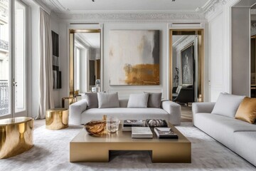 Luxurious living room with gold accents, plush sofas, and abstract art.