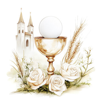 The First Holy Communion with Church Watercolor Illustration Isolated on White Background