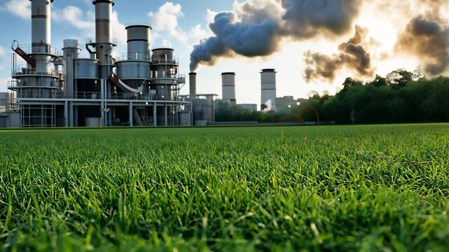 Industrial power plant emitting smoke with green grass foreground and cloudy sky backdrop
