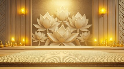 A bright yet subtle meditation room with a handwoven cotton mat. The backdrop showcases large lotus carvings on wooden panels. Soft yellow light emanates from brass diya holders