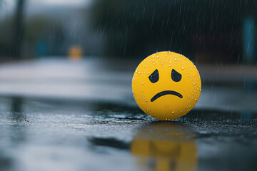 A lonely yellow sad face emoji under the rain on a wet street, creating a mood of melancholy and solitude.