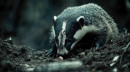 A badger digging in the dirt searching for a meal