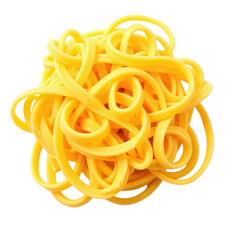 A pile of uncooked yellow pasta, isolated on a black background.
