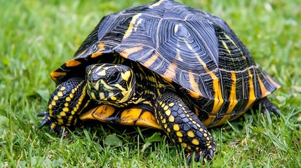 Fototapeta premium Close up of wise tortoise with a weathered shell deep wrinkles and a slow knowing expression A blurred grassy background enhances the timeless beauty of this reptile