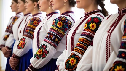 Fototapeta premium Ukrainian women in a row in traditional Ukrainian white embroidered blouses with multi-colored embroidery on the sleeves