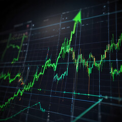 Naklejka premium Green upward arrow on a financial chart, symbolizing market growth and investment success