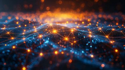 Fototapeta premium Orange Blue Digital Network Glowing Nodes, Futuristic Background for Modern Data Design