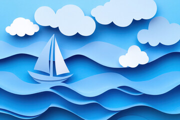 Paper art of a sailboat navigating through layered blue waves with fluffy white clouds above, creating a serene and whimsical seascape.