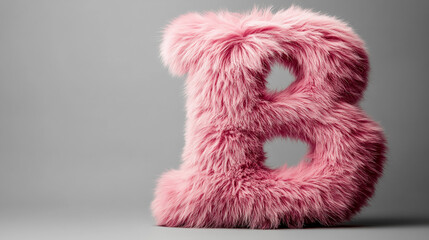 Pink furry letter B, fluffy texture, soft appearance, gray background,  showcase, alphabet, font design