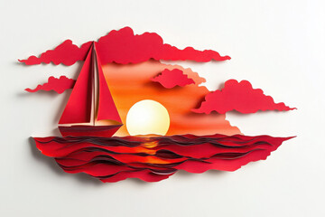 Paper art illustration of a sailboat at sunset, featuring vibrant red tones and layered clouds and waves.