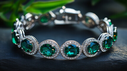 A stunning jewelry product photography shot of a 925 sterling silver bracelet, adorned with emerald green stones, pave diamonds, and Swarovski crystals, designed for promotional layouts