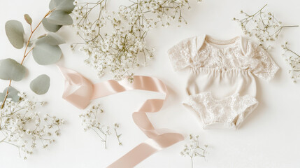 A styled stock photo capturing a feminine wedding-themed desktop mockup, complete with baby's breath flowers, dried eucalyptus leaves, and a satin ribbon on a white background.