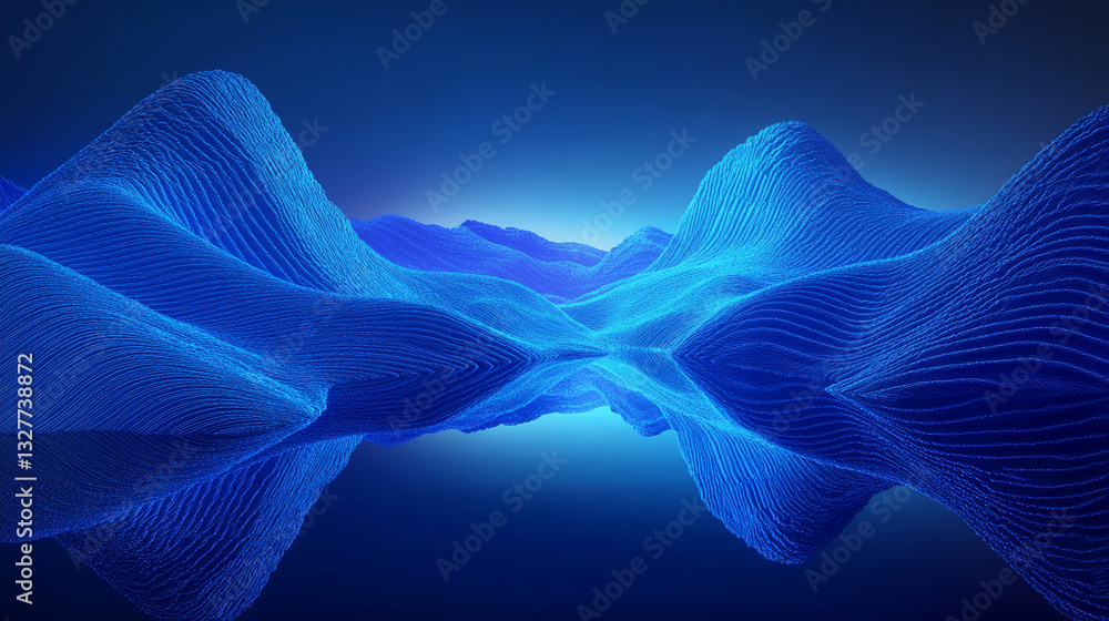 Poster abstract blue landscape, textured mountains reflecting in still water, creating a serene and calming