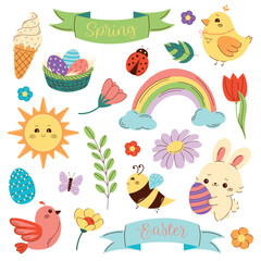 Set of spring vector elements. Happy, colorful, Easter bunny, basket with eggs, leaves, flowers, chick. Flat style