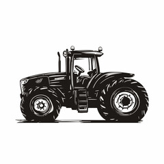 Obraz premium Minimalist tractor icon, black silhouette, side view, large tires, agricultural machinery, simple design, bold lines