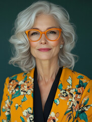 Obraz premium Elegant older woman in floral blazer poses for portrait