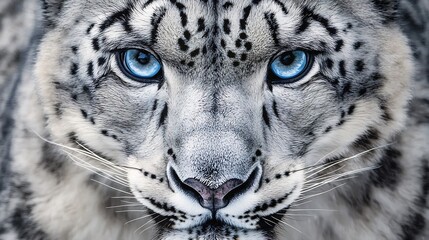 Naklejka premium Close up portrait of snow leopard with icy blue eyes thick spotted fur and a mysterious gaze The frosty background enhances the wild beauty of this elusive predator