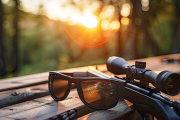 Naklejka premium Focused shot of a sport hunting rifle telescope resting on a wooden table