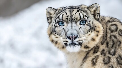 Fototapeta premium Close up portrait of snow leopard with icy blue eyes thick spotted fur and a mysterious gaze The frosty background enhances the wild beauty of this elusive predator