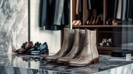 Stylish leather boots displayed in modern boutique showcasing elegant fashion items and accessories