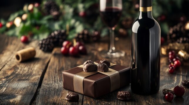 Festive celebration with red wine, chocolates, and a decorated gift on a rustic wooden table