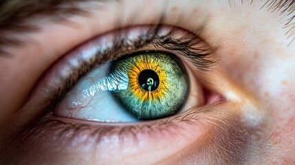 Fototapeta premium Sunflower Reflection In A Human Eye, Detailed Close-Up With Catchlight Illuminating The Iris.