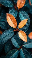 Vibrant orange and blue leaves with water droplets