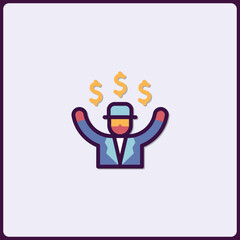 Stylized icon depicting financial success with jubilant figure and dollar signs