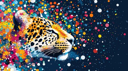 Obraz premium Multicolored leopard head on black background, blue sky in the background