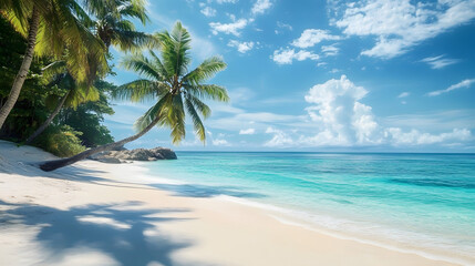 Tropical sea beach scene with clear turquoise water, white sandy shore and palm trees under a bright blue sky on a sunny day