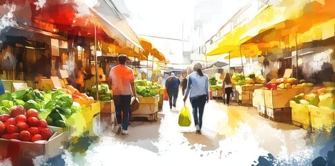 Obraz premium People walking through a bustling outdoor produce market setting